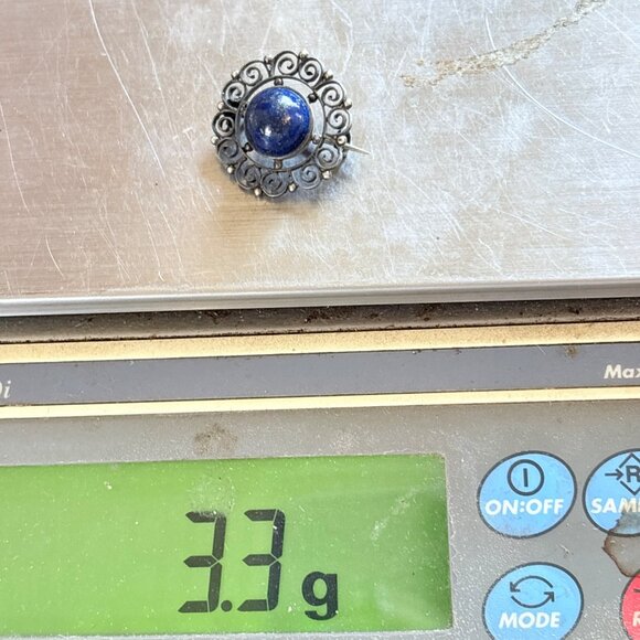 VTG Silver Tone Lapis Lazuli Bezel Set Scroll Design Brooch Size 1" Length - Picture 7 of 7